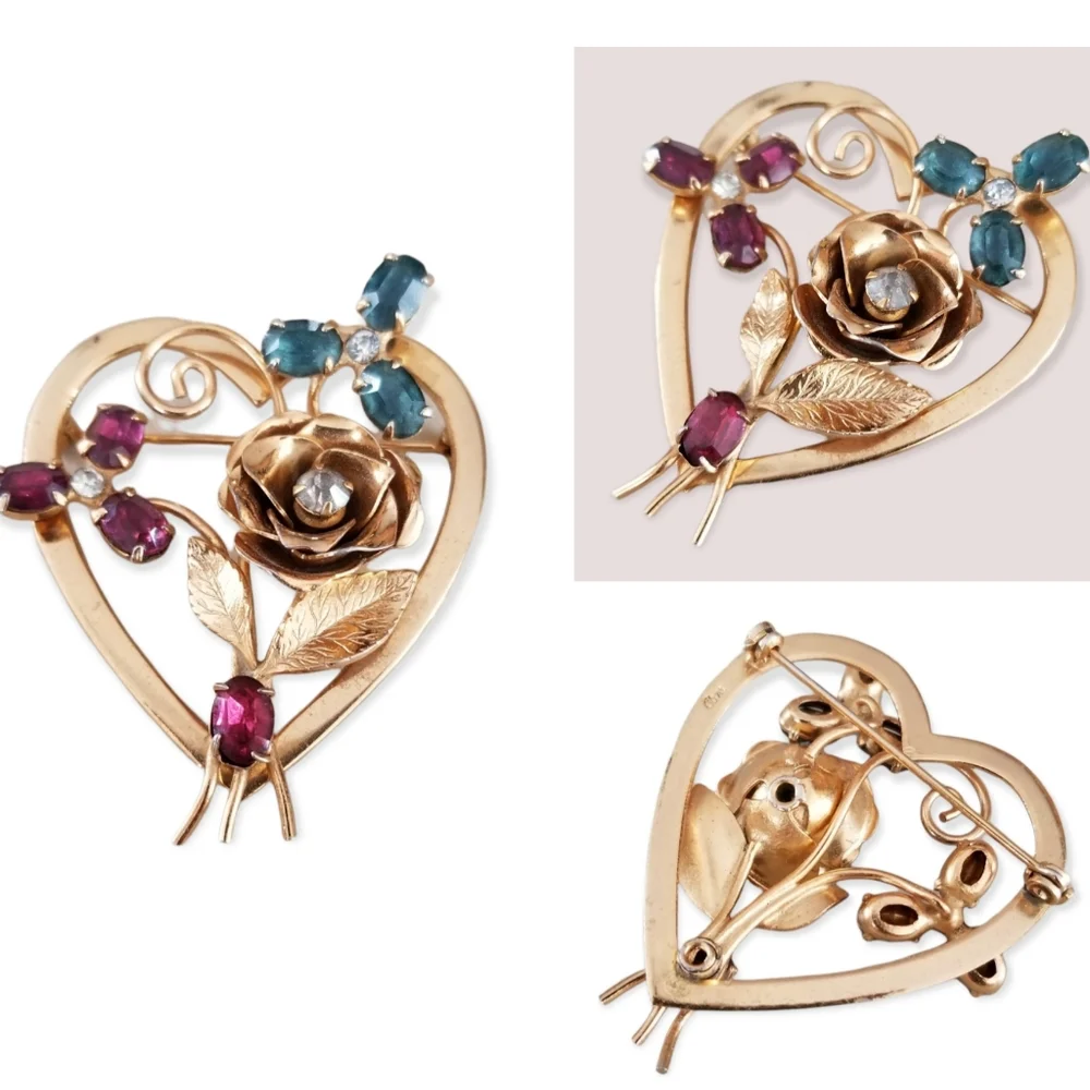 Vintage Signed Coro Gold Tone Heart Brooch Ruby Sapphire Rhinestone